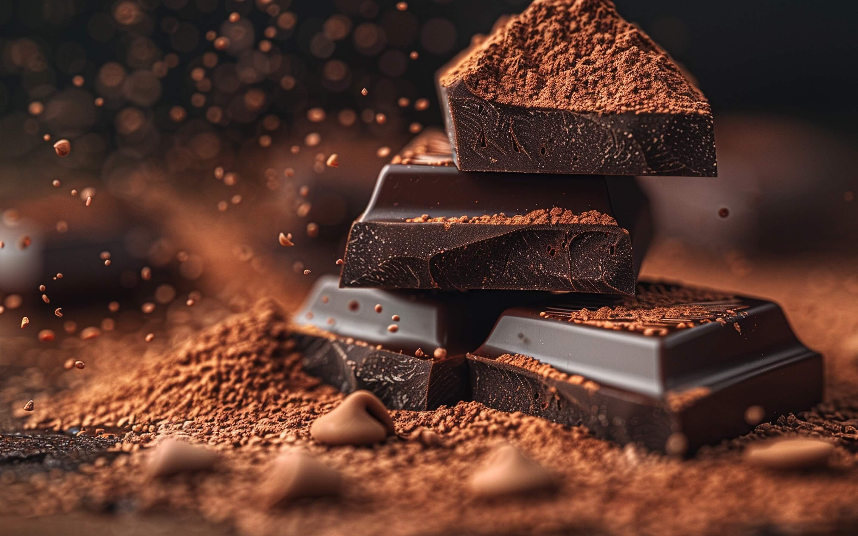 Focus sur carrés de chocolat et poudre de cacao